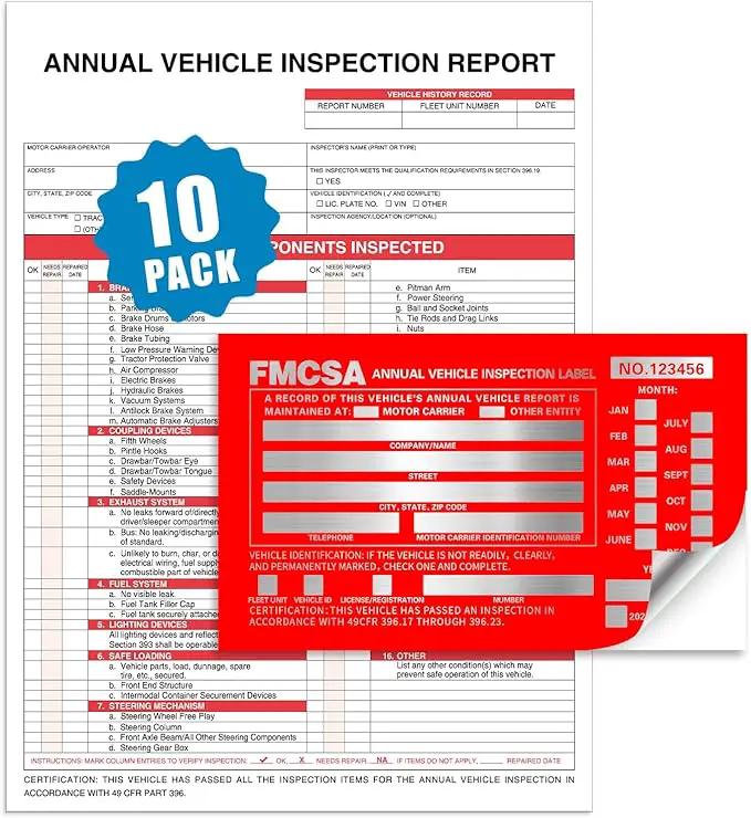 Goldenfox DOT Inspection Forms and Stickers,10-Pack,3-Ply Carbonless Annual Vehicle Inspection Report Form(8.5" x 11.75) with Red Exterior Aluminum Inspection Label(6"x3.5"), Permanent Adhesive. by GreenHaven Gardens