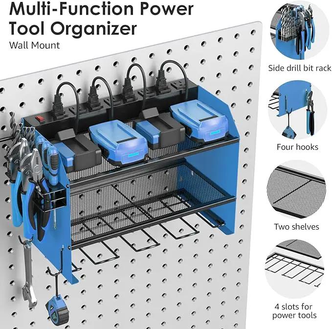 CCCEI Set Power Tool Organizer Wall Mount with Charging Station. Garage 4 Drill Storage Shelf with Hooks, Heavy Duty Metal Tool Battery Charger Organizer. Shop Utility Rack with Power Strip Blue. by GreenHaven Gardens