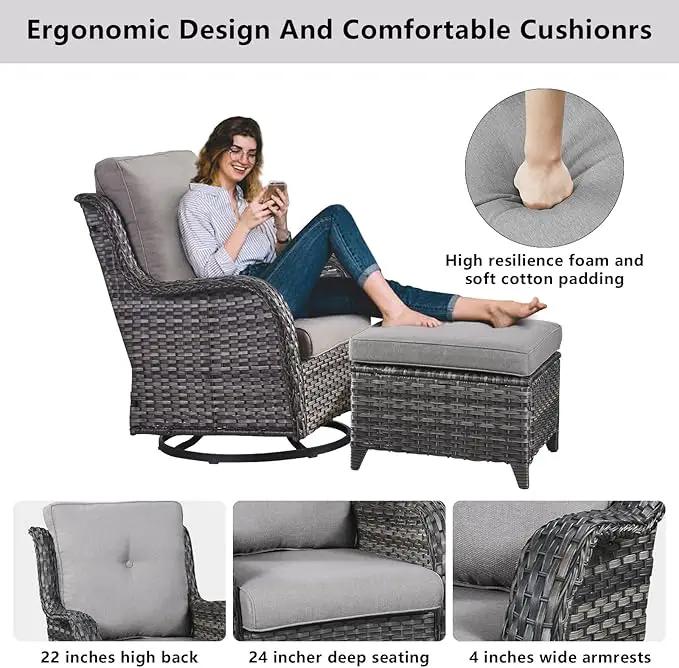 Wicker Patio Furniture Sets - 8 Piece Outdoor Rattan Furniture Conversation Sets with 4 Swivel Rocker Chairs, Rattan Sofa, Wicker Ottomans and Coffee Table, Mixed Grey/Grey by GreenHaven Gardens