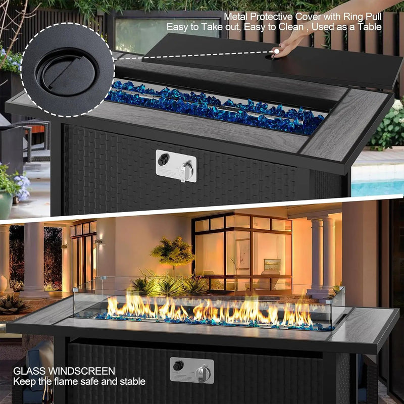 45 inch Outdoor Propane Fire Pit 50,000 BTU Gas Fire Pit Table with Lid, Glass Wind Guard, Waterproof Cover, Rectangle Gas Firepit Table for Garden/Patio, CSA Certification by GreenHaven Gardens