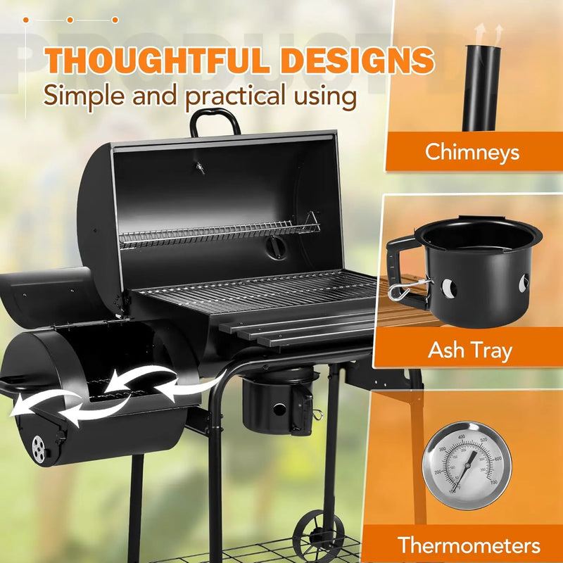 Flamaker Grill Outdoor Charcoal Grills with Side Oven & Thermometer Offset Smoker with Ash Catcher & Cover for Camping Picnics, BBQ, Hiking by GreenHaven Gardens
