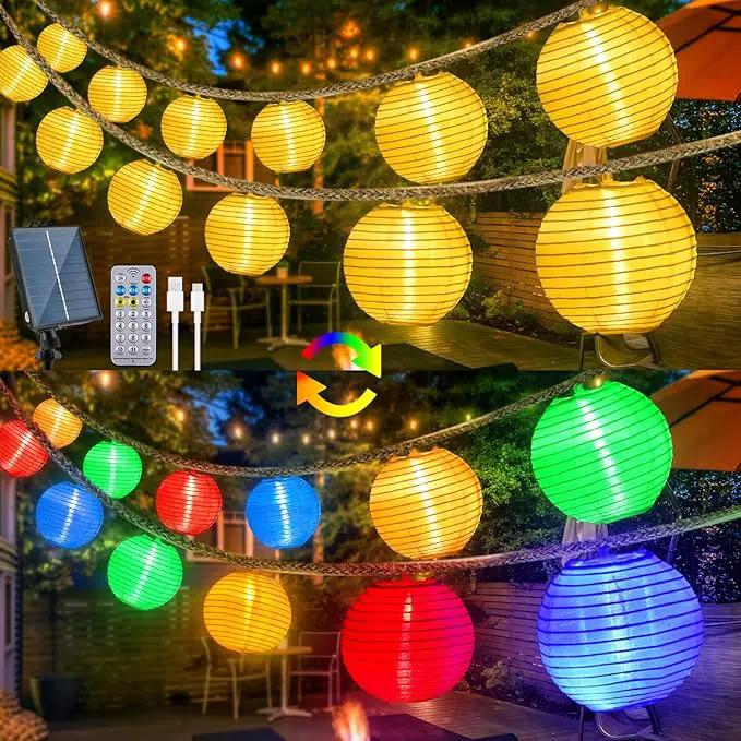 Solar Lantern String Lights Waterproof Outdoor, 40ft 40Led Warm White & Multi-Color Garden Lights Hanging Hemp Rope Nylon Lanterns with Remote, Timer for Yard, Balcony, Fences, Porch, Patio, Party by GreenHaven Gardens