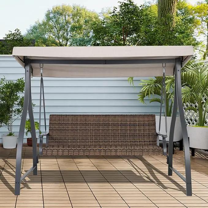 BPS 3 Seat Outdoor Porch Swing with Adjustable Canopy, PE Wicker Patio Swing Chair with Quick-Drying Foam Seat, 882 LBS Capacity, Proch Swings for Deck, Backyard, and Lawn, Khaki by GreenHaven Gardens