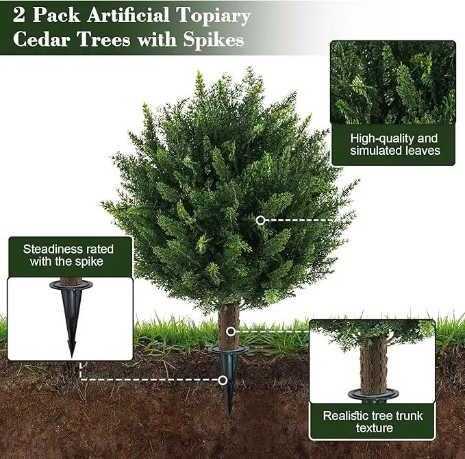 21" Artificial Cypress Topiary Outdoor Plants with Spike, 4 Pack Faux Cedar Bushes UV Resistant Fake Shrubs for Front Porch Décor by GreenHaven Gardens