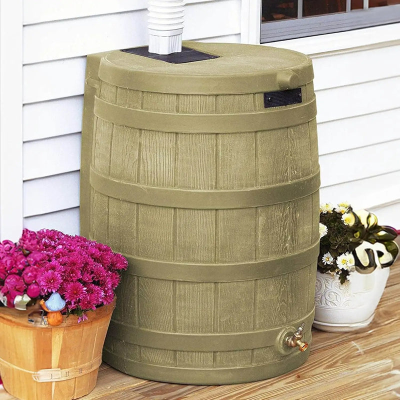 Good Ideas Rain Wizard 50 Gallon Plastic Rain Barrel Water Collector with Brass Spigot, Khaki (2 Pack) by GreenHaven Gardens