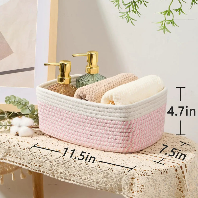 Small Storage Baskets for Organizing | Closet Organizer Bins | Shelf Toy Basket | Woven Rope Baskets | Cube Decorative Box | Shallow Basket | 11.5x7.5x4.7” | 4 Packs White Pink by GreenHaven Gardens