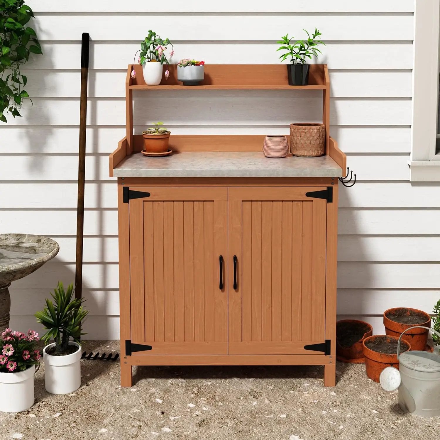 Outdoor Potting Bench with Storage, Wooden Garden Potting Table with Metal Tabletop and Removable Shelf, Potting Work Bench Station for Garden, Patio, Backyard by GreenHaven Gardens