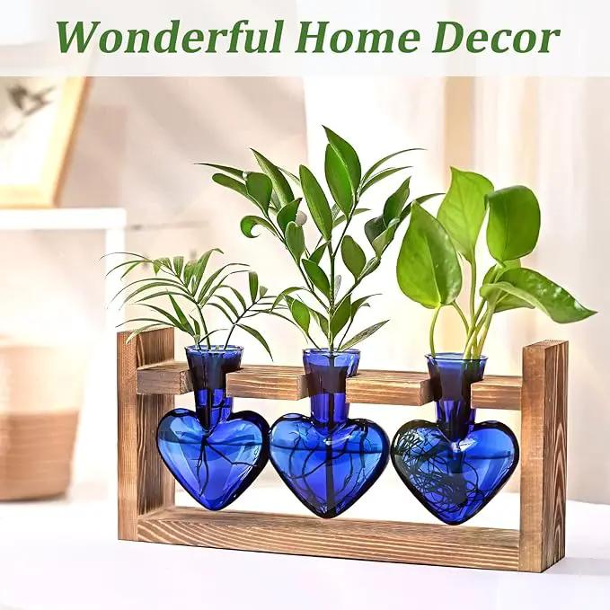 Lifecapido Heart Shaped Propagation Stations, Plant Terrarium with Wooden Stand, Plant Propagation Station for Hydroponics Plants Office Garden Home Decor, Gifts for Women Plant Lover (3 Vases, Blue) by GreenHaven Gardens