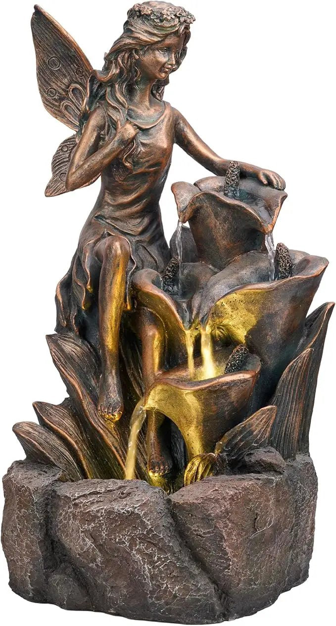 TERESA'S COLLECTIONS Water Fountain Outdoor Fairy Garden Statues with LED Lights and Pump, Large Floor Waterfall Backyard Water Fountains Porch Living Room Home Decor, Housewarming Gifts for Mom 19.3" by GreenHaven Gardens