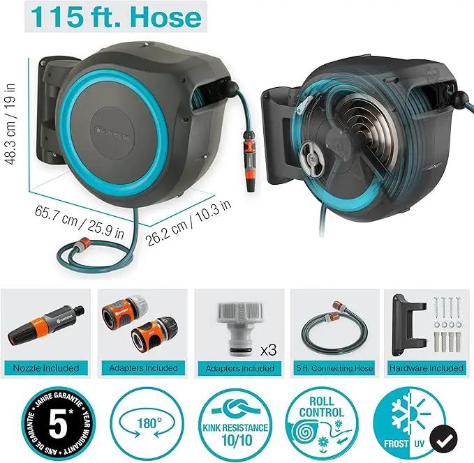 GARDENA (18630) Retractable Garden Hose Reel 115' x 1/2" Wall Mounted, Automatic Retraction & Length Lock for Easy Watering. Heavy Duty Swivel Bracket 180°, Includes Nozzle. Made in Europe by GreenHaven Gardens