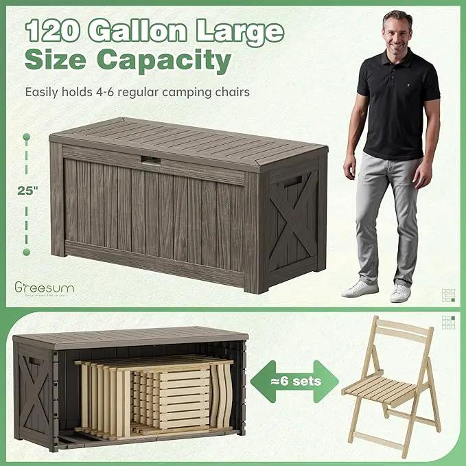 Greesum 120 Gallon Outdoor Storage Box with Lock - Large Resin Deck Box, Reinforced Lid for Garden, Patio, Lawn, Coffee by GreenHaven Gardens