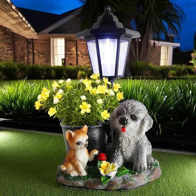 Garden Dog Statue,Resin Teddy & Cat Figurine with Solar LED Light,Flower Pots Planters Pots for Succulent,Outdoor Sculpture for Patio Balcony Yard Lawn Decor,Unique Gift for Dad Mom Grandma by GreenHaven Gardens