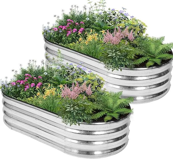 Galvanized Raised Garden Bed - 4×2×1ft (2 Packs) Planter Raised Beds for Gardening | Oval Metal Garden Planter Box with Safety Edging and Gloves for Vegetables Fruits and Flower - Silver by GreenHaven Gardens