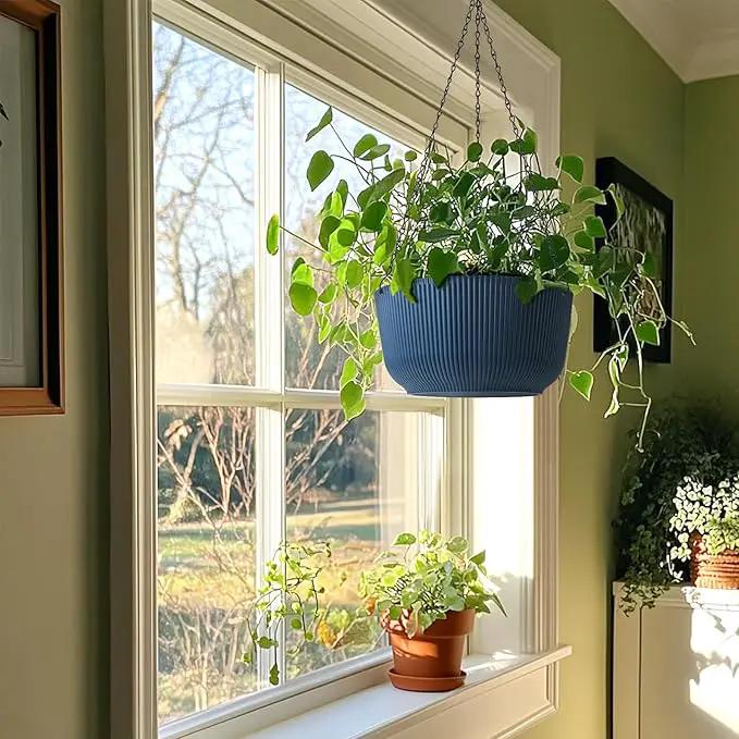 T4U 12 Inch Large Hanging Planters for Outdoor Plants, 2 Pack Self Watering Hanging Pots Indoor, Hanging Baskets for Plants,Hanging Flower Pot with Drainage Hole and Plant Hanger, Blue by GreenHaven Gardens