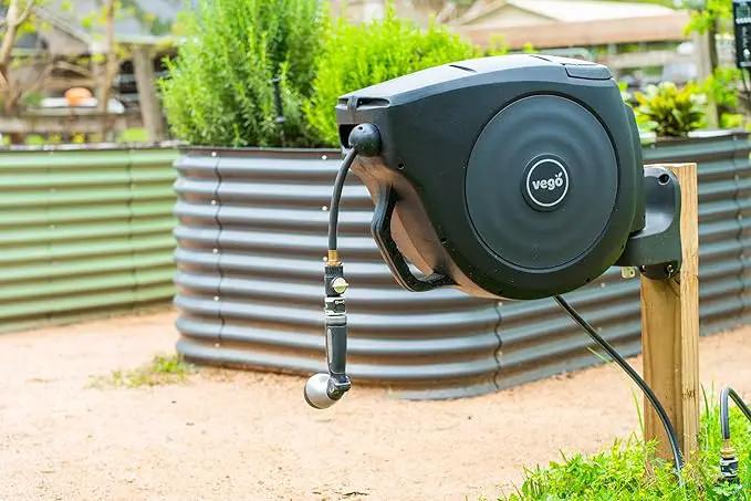 Garden Hose Reel Retractable 5/8" x 50ft Wall Mounted Hose Reel Automatic Rewind, Any Length Lock with 9 Patterns Sprayer Nozzle, Quick Connector and Adjustable shot Nozzle- Tidepool Blue by GreenHaven Gardens