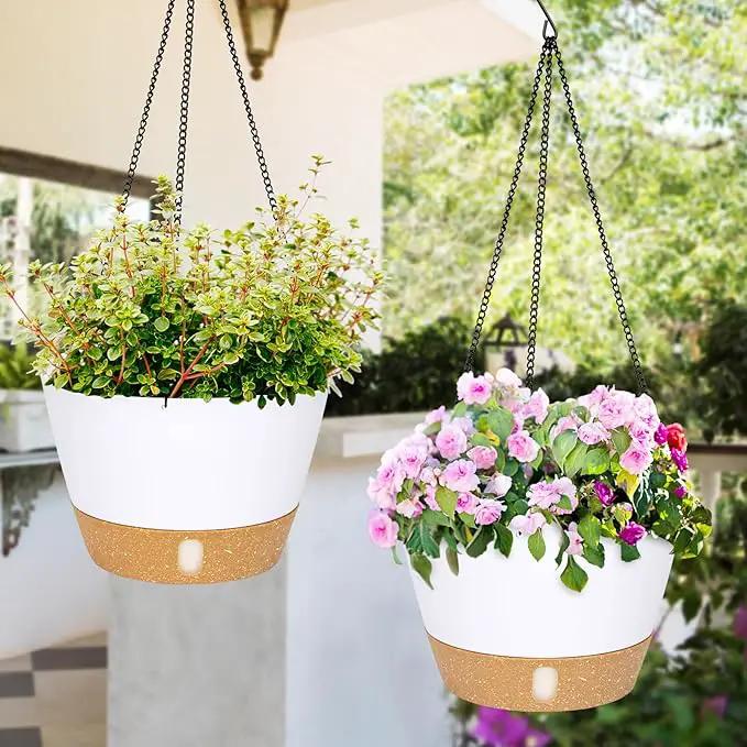 QCQHDU 2 Pack 8 inch Hanging Planters for Indoor Plants, Outdoor Hanging Baskets, Self Watering Pots with Drainage Holes & Removable Tray (White, 8 inch) by GreenHaven Gardens