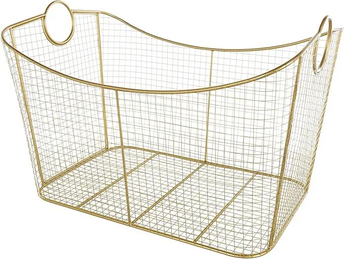 Deco 79 Metal Geometric Decorative and Functional Storage Basket Wire Grid Basket Organizer with Curved Edges Ring Handles, Basket for Storage 30" x 20" x 20", Gold by GreenHaven Gardens