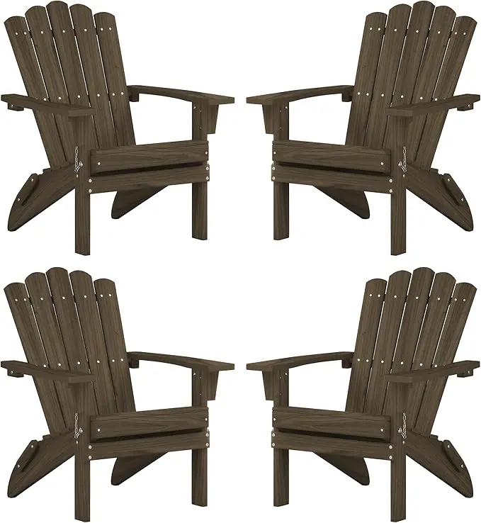Set of 4 Folding Adirondack Chairs, Heavy Duty Weather-Resistant Patio Chairs with Wide Armrests & Ergonomic High Back, HDPE Fire Pit Seating for Backyard, Garden, Porch - Light Brown by GreenHaven Gardens