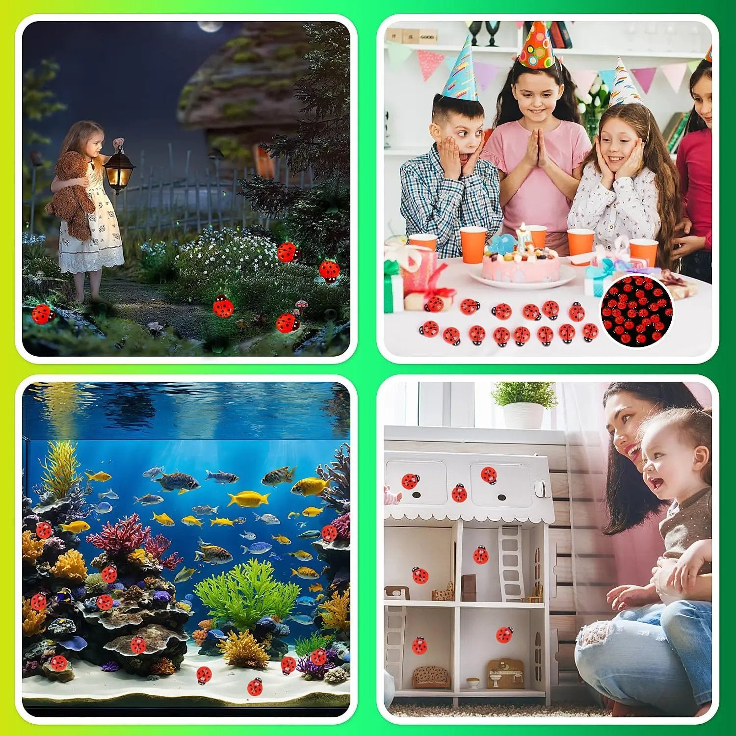 KIMOBER 100PCS Mini Luminous Ladybug Miniature Figurines,Glow in Dark Resin Animals Ladybug Figures for Fairy Garden Micro Landscape Decor Cake Topperr