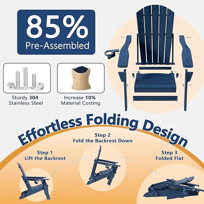 Folding Adirondack Chair Set of 4 with Cup Holder, HDPE All Weather Resistant Plastic Outdoor Patio Chairs, Heavy Duty Fire Pit Seating for Backyard Lawn Garden, Wooden Textured Design(Navy Blue) by GreenHaven Gardens