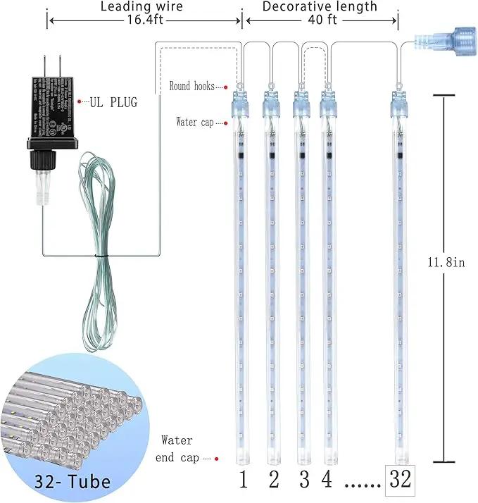 Christmas Decoration Outdoors- 32 Tubes (Equivalent to 4 Sets of 8-Tubes) Meteor Shower Rain Lights, White Falling Rain Lights for Christmas Decor Xmas Tree Halloween Yard Wedding Party, UL Plug by GreenHaven Gardens