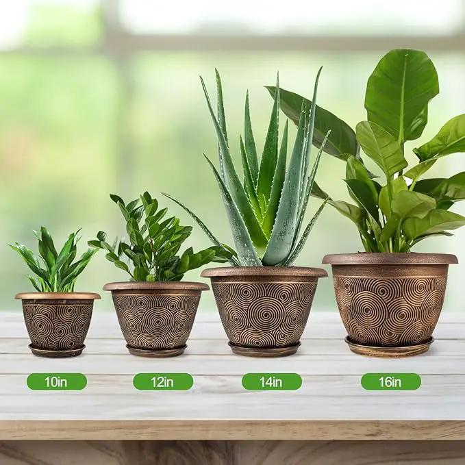 10 Inch Flower Pots Planters for Indoor Outdoor Plants, 3 Pack Plastic Large Plant Pots with Drainage Hole & Tray, Modern Decorative Garden Pot with Saucer, Plant Container for House by GreenHaven Gardens