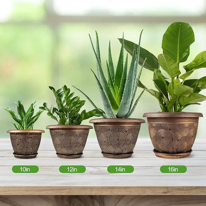 16 Inch Large Planter Pot for Plants Indoor Outdoor, 4 Pack Plastic Flower Pots with Drainage Hole & Tray, Modern Decorative Garden Pot with Saucer, Plant Container for House by GreenHaven Gardens