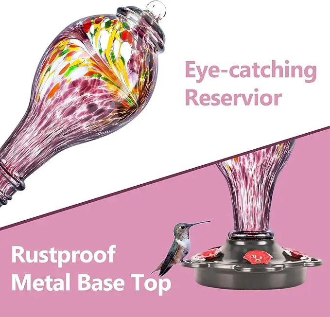 LUJII Hand Blown Glass Hummingbird Feeder for Outdoors Hanging with Ant Guard, 25 fl.oz, Leak Proof & Rustproof, Metal Base with 5 Feeding Ports & 5 Perches, Unique Garden & Backyard Decor (Purple) by GreenHaven Gardens