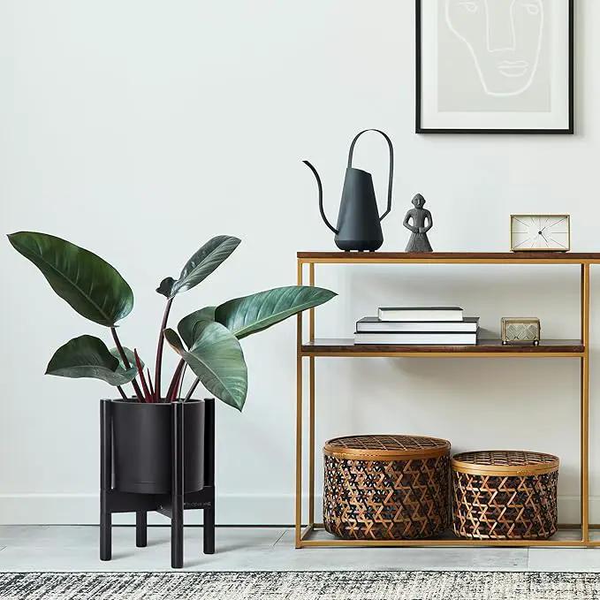 D'vine Dev Planter Pot with Stand - 8 Inch Plastic Cylinder Flower Pot with Wood Planter Holder for Indoor, Matte Black Pot + Ebony Stand, 55-C-K-2 by GreenHaven Gardens