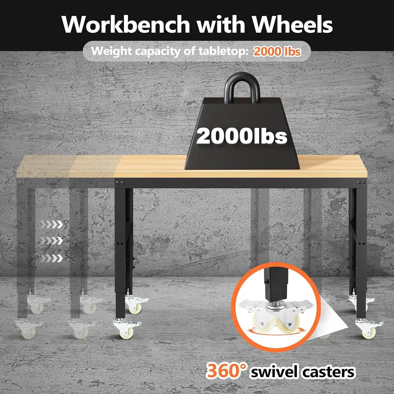 48” Adjustable Workbench，Heavy Duty Wood Work Bench 2000 Lbs Load Capacity,Work Table with Power Outlet and Wheels for Garage, Workshop, Office, Home by GreenHaven Gardens