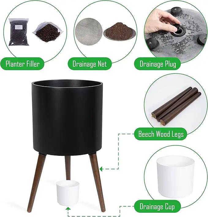 D'vine Dev 14 Inch Planter Pot with Stand, Mid-Century Tall Plant Pot with Legs for Indoor Plants, X-Large, Black, 88-O-D-2 by GreenHaven Gardens