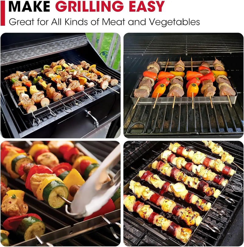 Unicook Stainless Steel BBQ Shish Kabob Set, Foldable Shish Kabob Holder with 6pcs 13"L Skewers, Reusable Grill Rack, Comes with 30pcs 12.5"L Bamboo Skewers for Party and Cookout by GreenHaven Gardens
