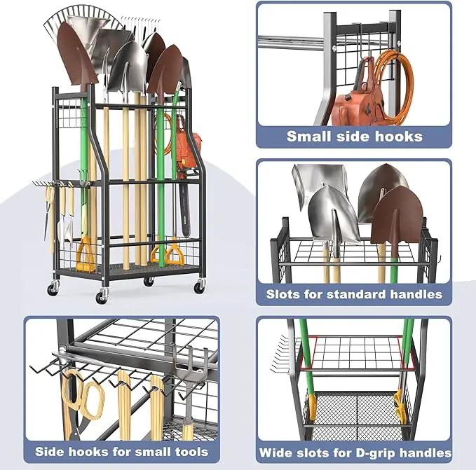 WALMANN Garden Tool Organizer with Wheels for Garage, Rakes/Shovels/Yard Tools Storage Stand for Garden, Shed, Indoor/Outdoor Long-Handled Tools Rolling Cart by GreenHaven Gardens