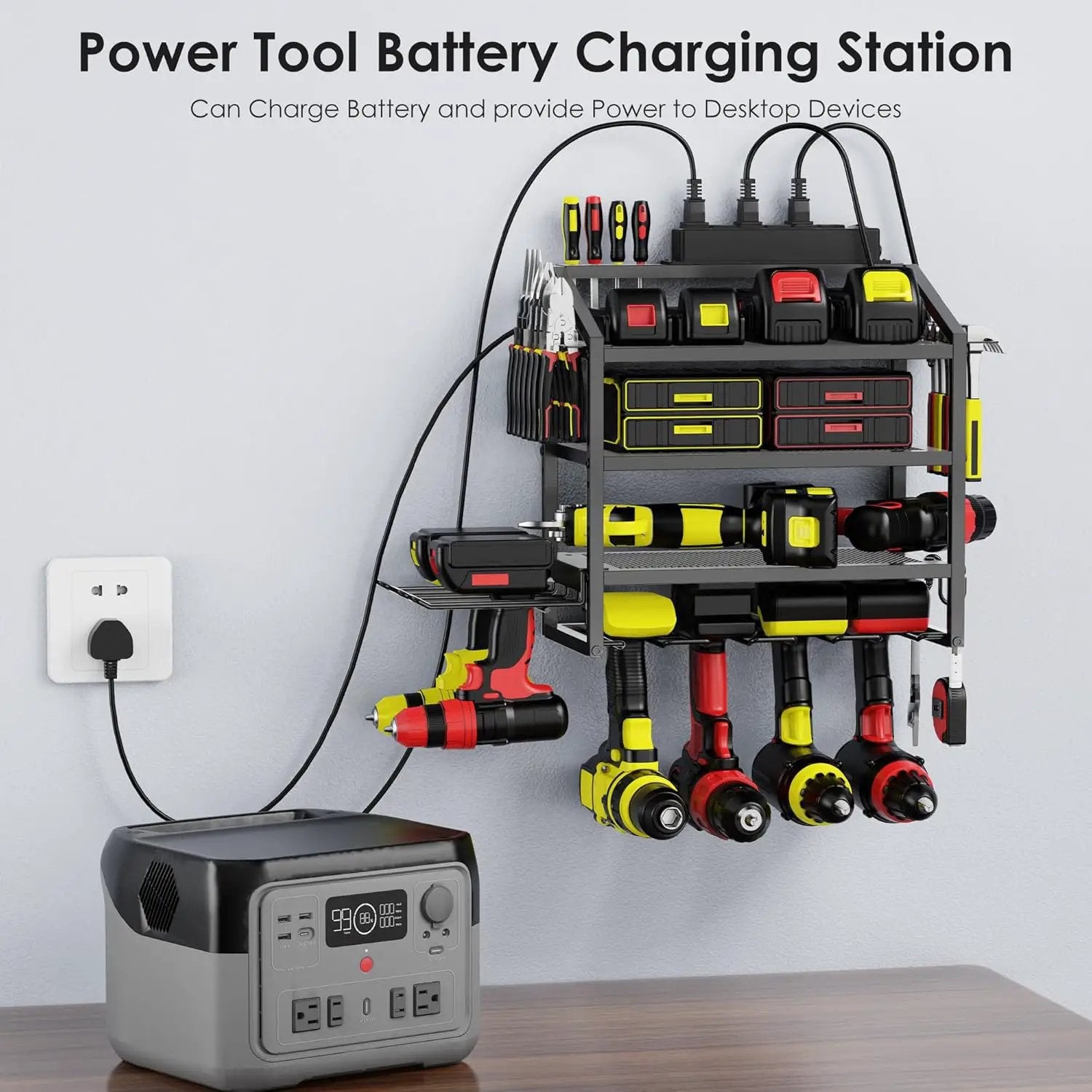 Power Tool Organizer Wall Mount with Charging Station, 4 Layer Storage Rack and Tool Holder for Garage Organization, 6 Drill Holder Wall Mount, 4 Hooks and 6 Outlet Power Strip, Great Men's Gift by GreenHaven Gardens