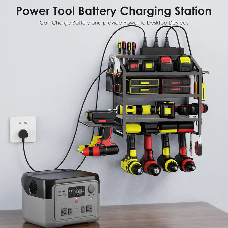 Power Tool Organizer Wall Mount with Charging Station, 4 Layer Storage Rack and Tool Holder for Garage Organization, 6 Drill Holder Wall Mount, 4 Hooks and 6 Outlet Power Strip, Great Men's Gift by GreenHaven Gardens