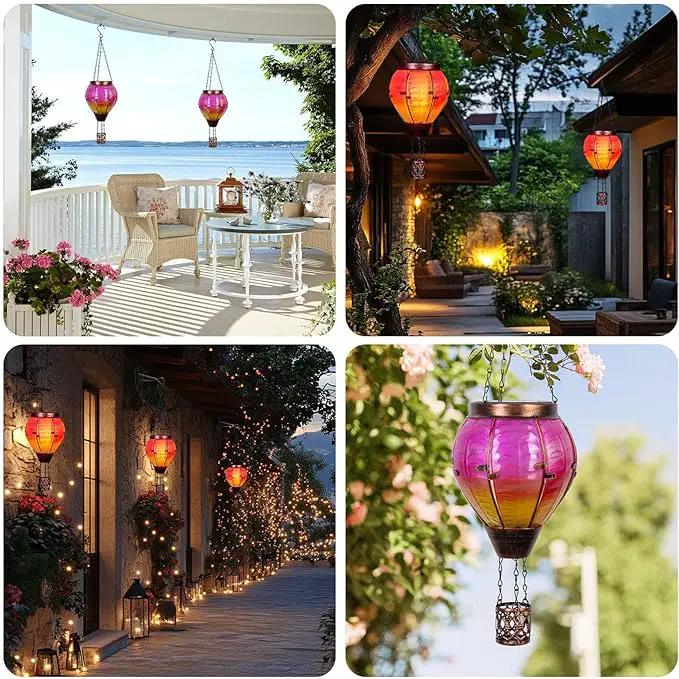 Hot Air Balloon Solar Lantern with Flickering Flame Light Outdoor Solar Hanging Lights Waterproof for Garden Yard Farmhouse Patio Pathway Outside Decoration, Pink&Orange by GreenHaven Gardens