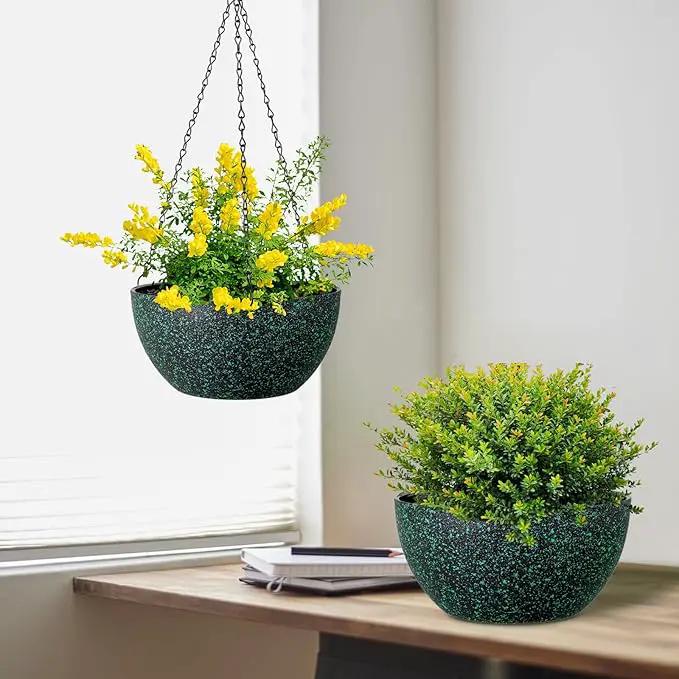12 inch Large Hanging Planters for Indoor Outdoor Plants, 2 Pack Hanging Flower Pots with Drainage Holes and Chain, Plastic Hanging Baskets for House Plants, Black with Green Speckles by GreenHaven Gardens
