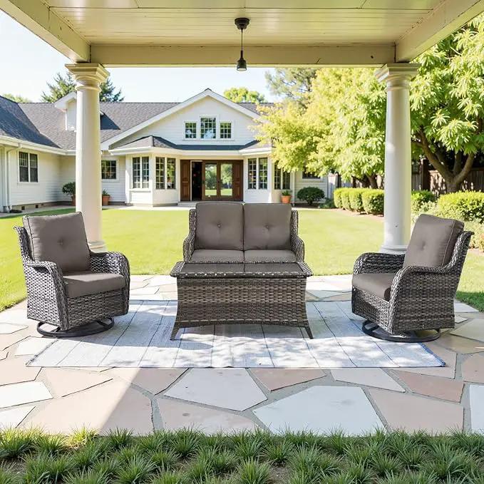 4 Piece Patio Furniture Set - Outdoor Glider Bench with Swivel Rocker Chairs and Coffee Table, High Back Small Outdoor Conversation Furniture Sets for Deck Sunroom Balcony Backyard by GreenHaven Gardens