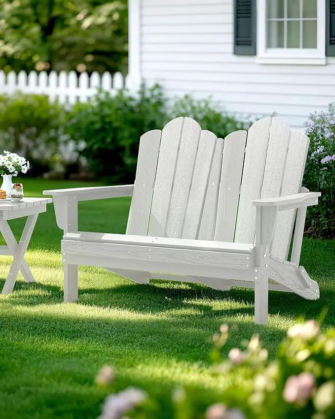 SERWALL Folding Adirondack Bench, HDPE All-Weather Adirondack Loveseat, 660 lbs Capacity, Foldable Outdoor Patio Bench for Deck, Lawn, Garden, White by GreenHaven Gardens