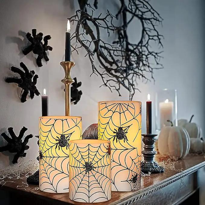 Spider Web Decor Flameless Candles Battery Operated with Remote Timer Haunted House Spooky Decorations Set of 3 Real Wax Black LED Flickering Candles Decorative for Halloween Decor Party by GreenHaven Gardens