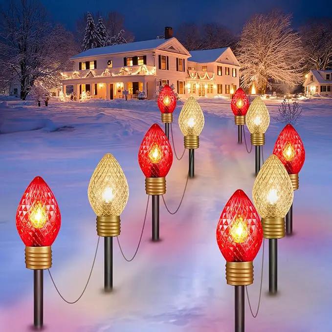 2 Pack Jumbo C9 Christmas Pathway Lights Outdoor - 8.5 Feet 5 C9 Walkway Lights, C7 Covered Jumbo Strawberry Red Bulb Christmas Decorations for Lawn Outside by GreenHaven Gardens