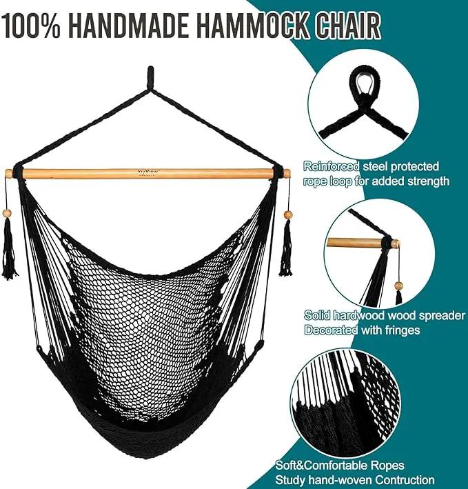 JoyView Hammock Chair with Spreader Bar Caribbean Hammock Swing Chair 300 LBS Weight Capacity XL Rope Hanging Chair for Outdoor Indoor Garden Yard - Black by GreenHaven Gardens