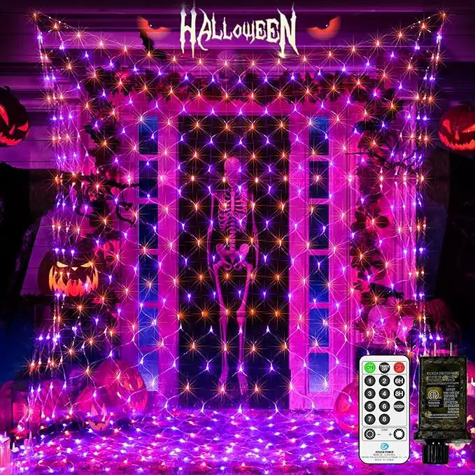 JXLEDAYY 200 LED Halloween Net Lights Outdoor Waterproof 3M*2M Mesh Lights Fairy String Lights Plug in with Timer 8 Modes for Bush Window Fence Garden Yard Roof Wall Decor-Purple and Orange by GreenHaven Gardens