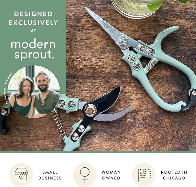Modern Sprout Hand Pruners & Shears Set - Lightweight Gardening Tools W/Easy Lock - Sharp Carbon Steel Blades -Rust Resistant Scissors for Herbs, Flowers - Reusable Holster - Sage by GreenHaven Gardens
