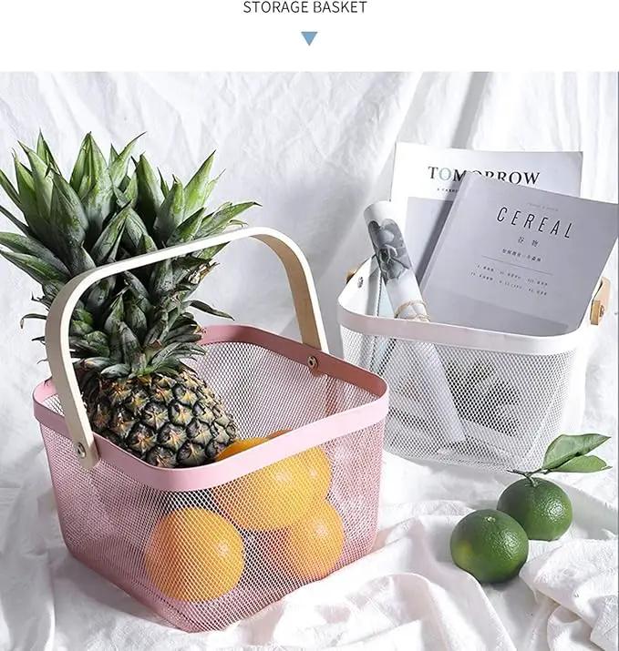 Metal Mesh Steel Basket, Storage Organizer Basket Multi-functional Hanging Kitchen Baskets Fruit Basket Bin with Bamboo Handle for Kitchen Bathroom Picnic Shopping Decor Cabinet Home, Pink by GreenHaven Gardens