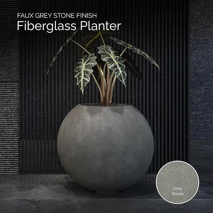 Orbo Globe Sphere Planter – Grey Stone Finish – Fiberglass Indoor/Outdoor and Weather-Resistant Round Planter (23.6" D x 21.1" H Exterior, 23.2" D x 20.5" H Interior) by GreenHaven Gardens