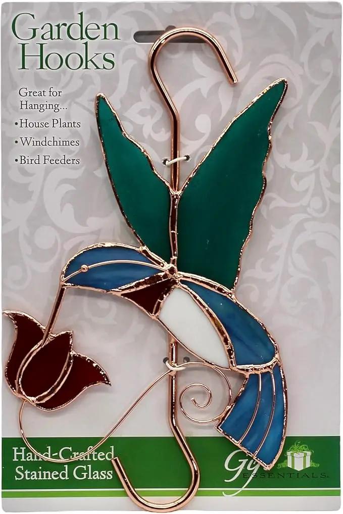 Stained Glass Window Plant Hanger - Hummingbird with Red Flower - Sun Catcher Plant Hook with Copper Hooks Top and Bottom for Indoor and Outdoor Use by GreenHaven Gardens