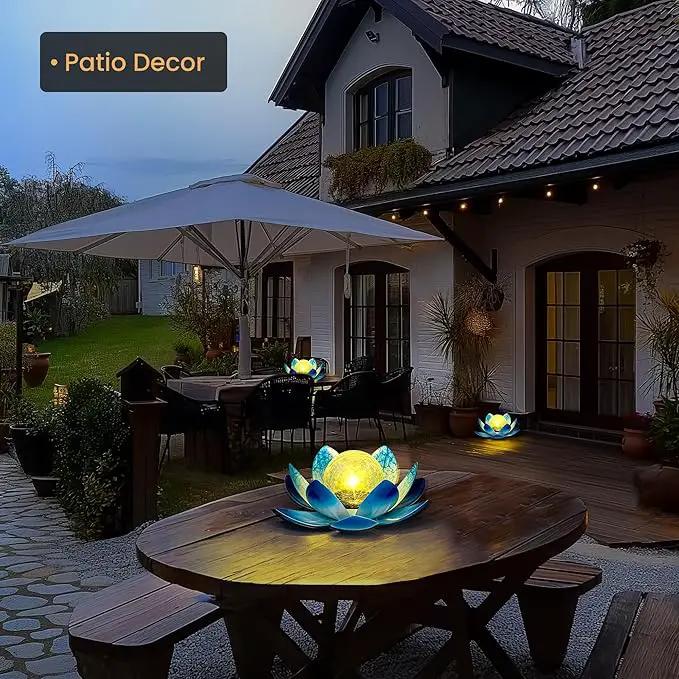 GIGALUMI Solar Light Outdoor Garden Decor, Lotus Flower Light Crackle Globe Glass Lantern Outdoor Table Decor Waterproof for Patio, Lawn, Pathway, Pool, Pond, Christmas Gift (Blue Petal) by GreenHaven Gardens