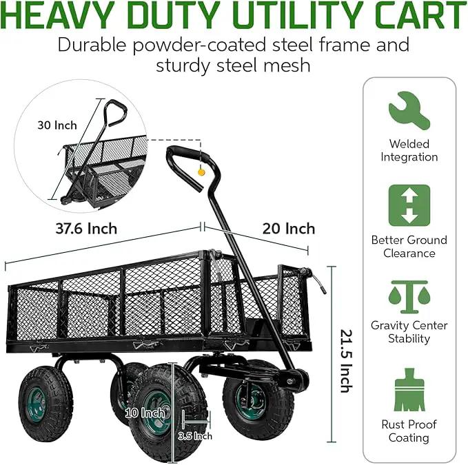 Taifa Heavy Duty Utility Steel Garden Cart 880 Lbs Capacity with Detachable Side Panels Convert to Flatbed for Yard Lawn and Farm, Metal Wagon with 180° Rotating Handle, Black by GreenHaven Gardens