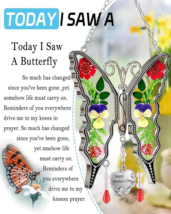 KY&BOSAM Butterfly Suncatcher Gifts for Mom Happy Mother`s Day Stained Glass for Windows Hangings Wind Chimes Ornament with Pressed Flower Butterfly Wings Embedded in Glass Mother`s Day Mom Gifts by GreenHaven Gardens
